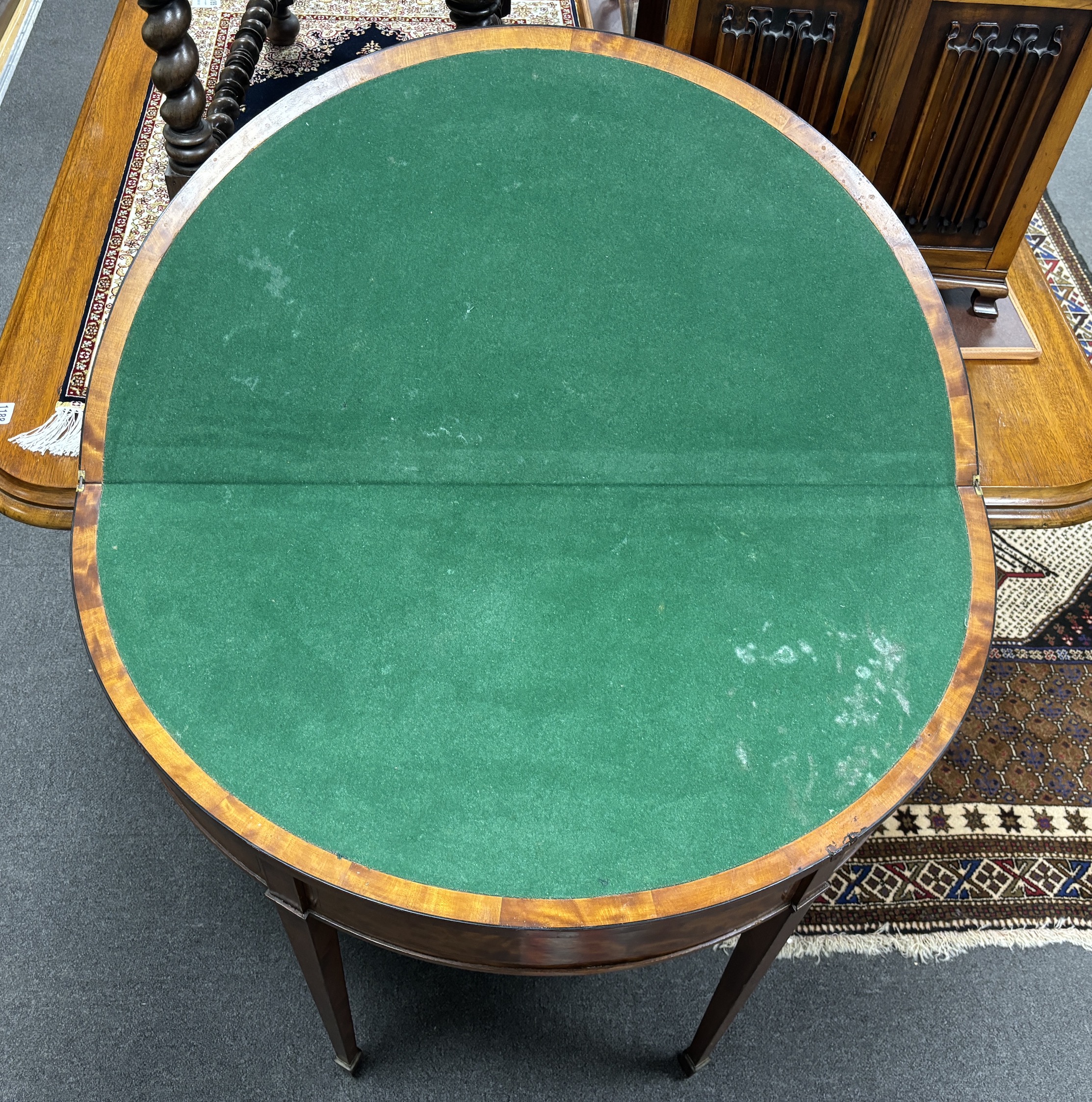 A George III satinwood D shape folding card table, width 92cm, depth 46cm, height 77cm